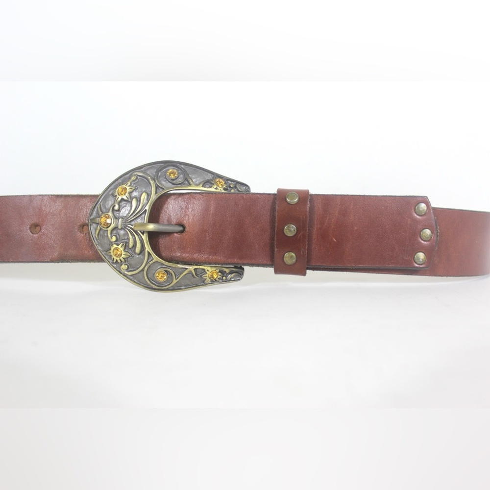Brown Leather Belt with Studs and Yellow Rhinestone Gold Metal Buckle Sparkly